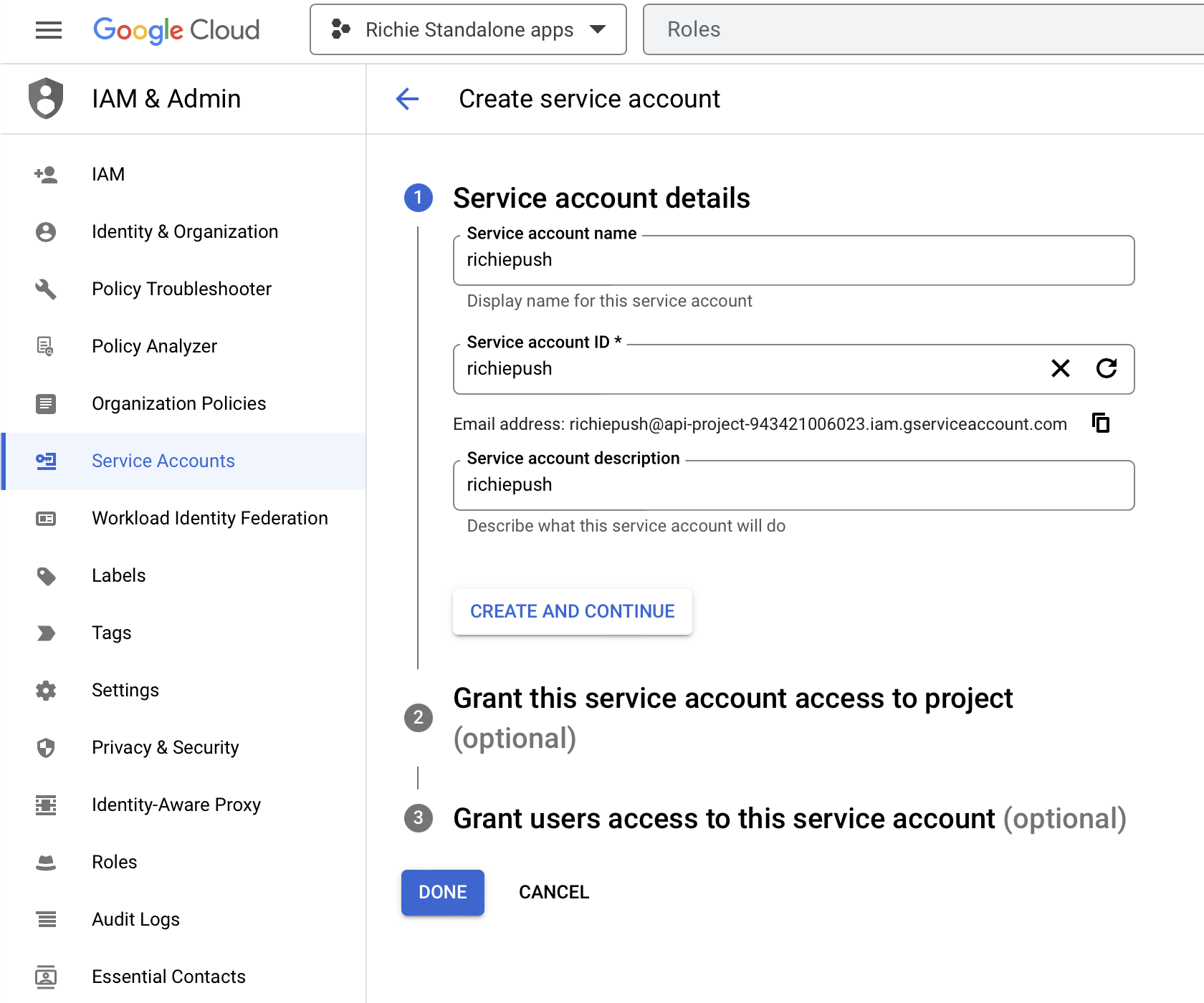 Fill service account fields